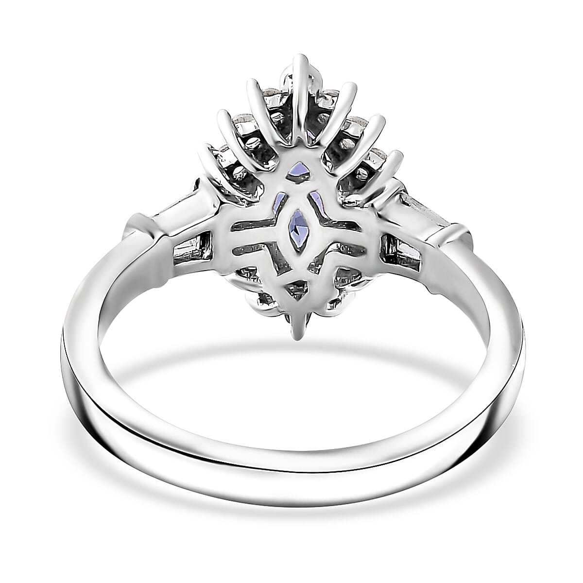 Tanzanite and White Zircon Sunburst Ring in Rhodium Over Sterling Silver (Size 10.0) 1.30 ctw