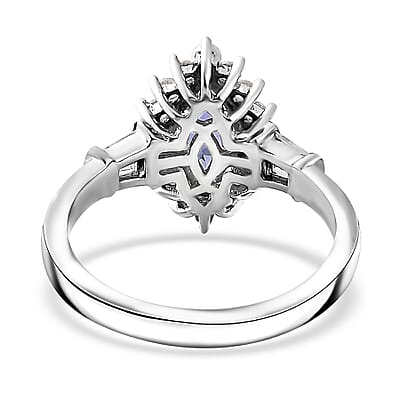Tanzanite and White Zircon Sunburst Ring in Rhodium Over Sterling Silver (Size 10.0) 1.30 ctw