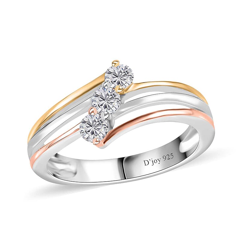 Moissanite Bypass 3 Stone Ring in Vermeil Yellow, Rose Gold and Platinum Over Sterling Silver (Size 10.0) 0.30 ctw