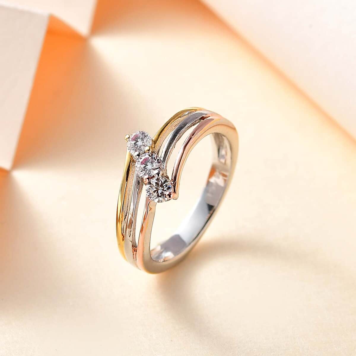 Moissanite Bypass 3 Stone Ring in Vermeil Yellow, Rose Gold and Platinum Over Sterling Silver (Size 10.0) 0.30 ctw image number 1