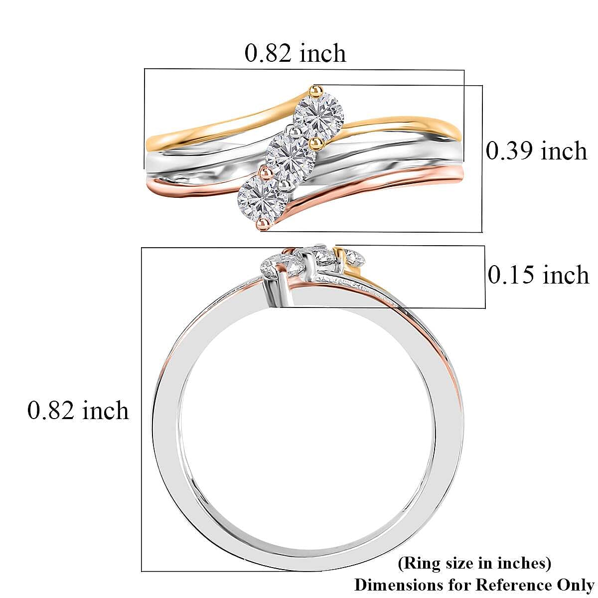 Moissanite Bypass 3 Stone Ring in Vermeil Yellow, Rose Gold and Platinum Over Sterling Silver (Size 10.0) 0.30 ctw