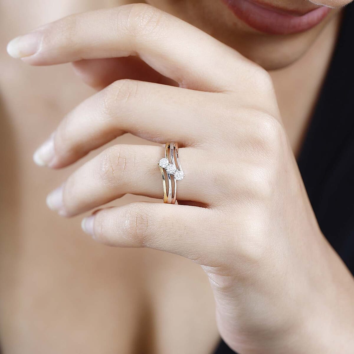 Moissanite Bypass 3 Stone Ring in Vermeil Yellow, Rose Gold and Platinum Over Sterling Silver (Size 8.0) 0.30 ctw image number 2