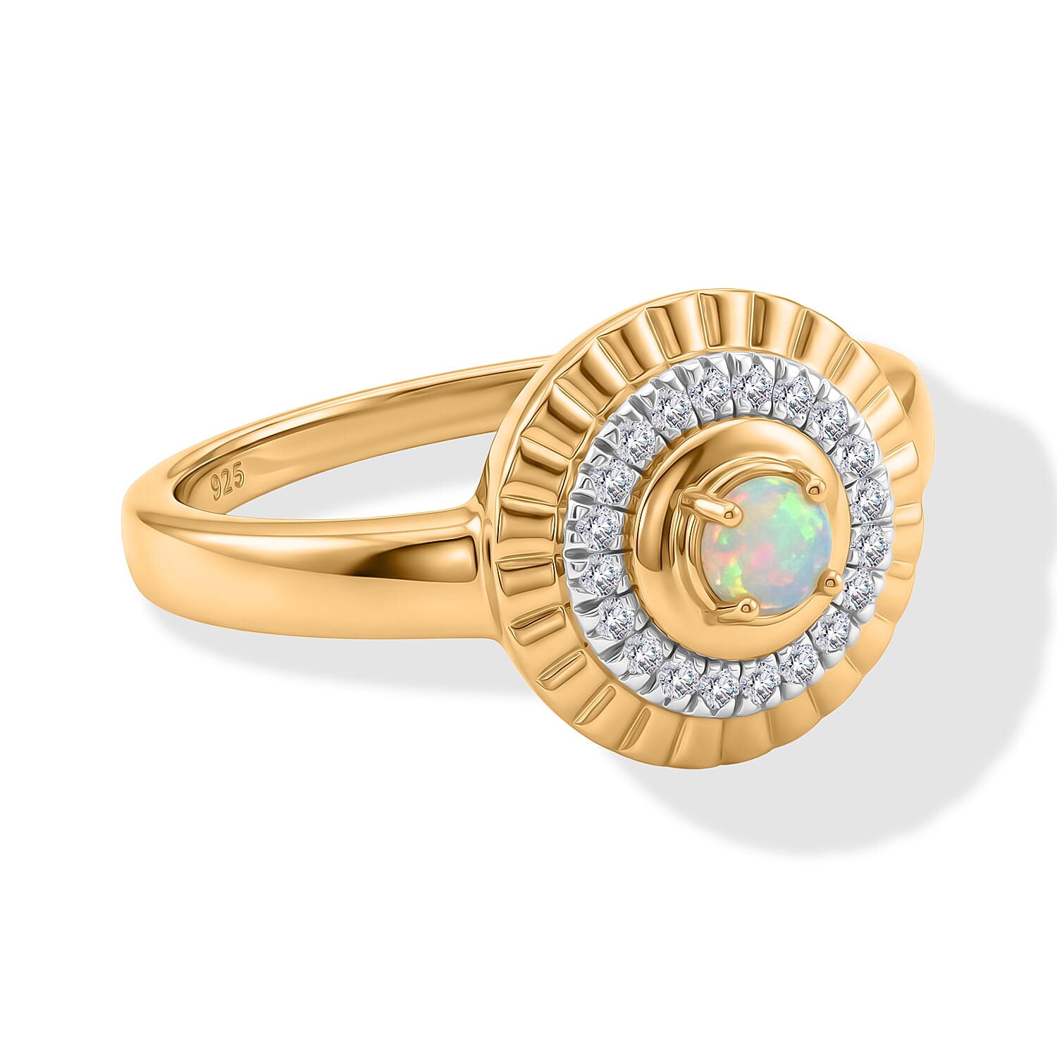 Premium Ethiopian Welo Opal and White Zircon 0.62 ctw Ring in 18K Vermeil Yellow Gold Over Sterling Silver (Size 11.5)