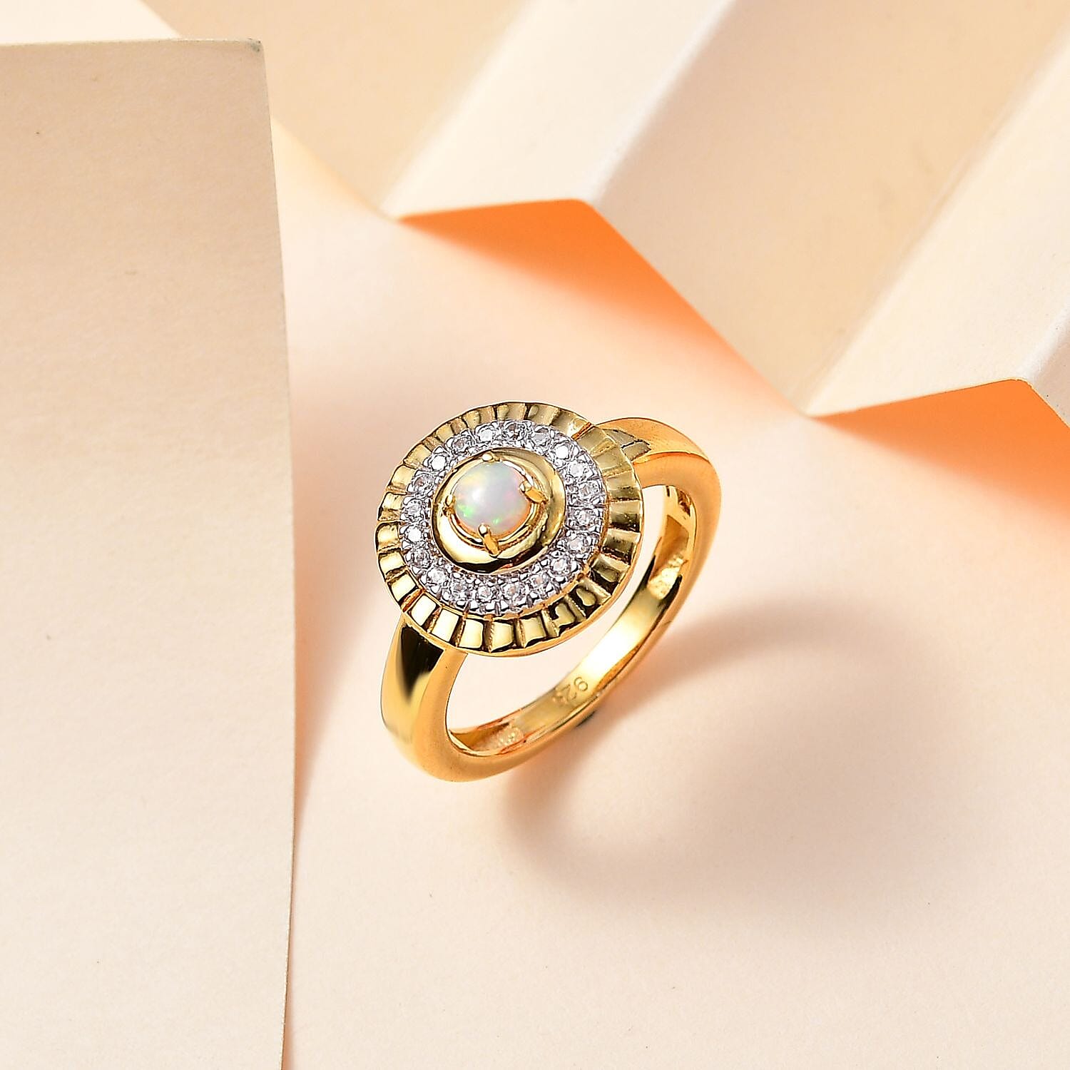 Premium Ethiopian Welo Opal and White Zircon 0.62 ctw Ring in 18K Vermeil Yellow Gold Over Sterling Silver (Size 11.5)