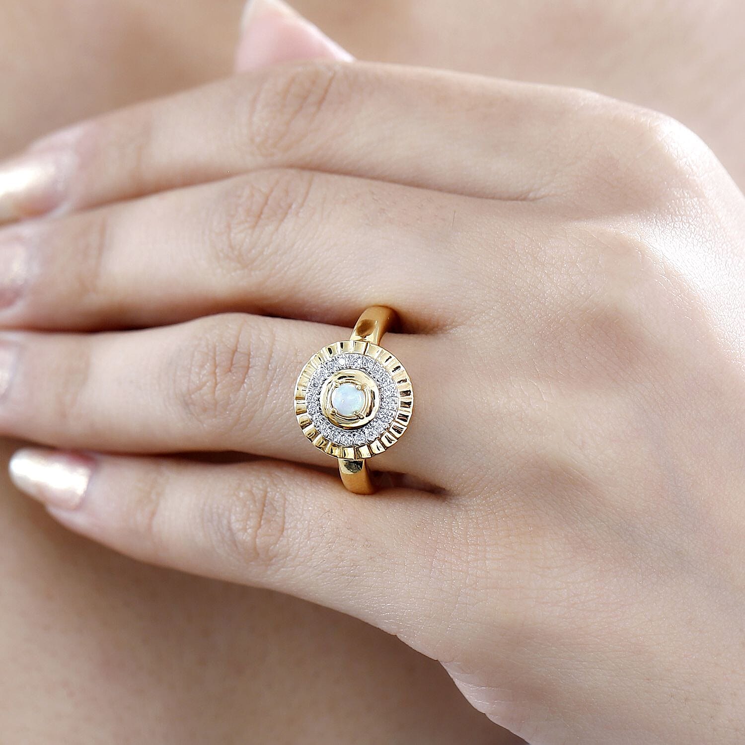 Premium Ethiopian Welo Opal and White Zircon 0.62 ctw Ring in 18K Vermeil Yellow Gold Over Sterling Silver (Size 11.5)