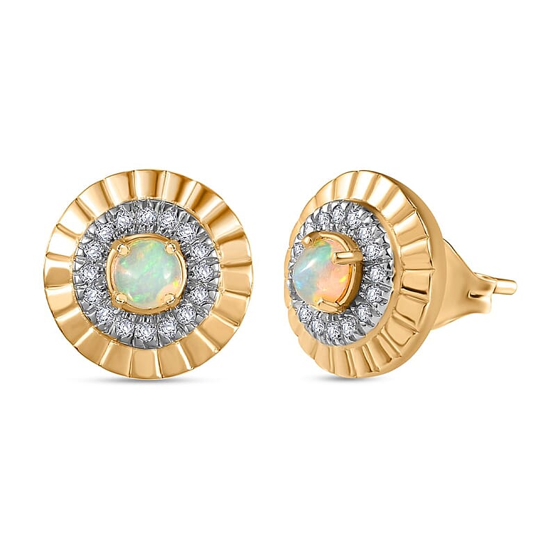 Ethiopian Welo Opal and White Zircon 1.15 ctw Earring in 18K Vermeil Yellow Gold Over Sterling Silver