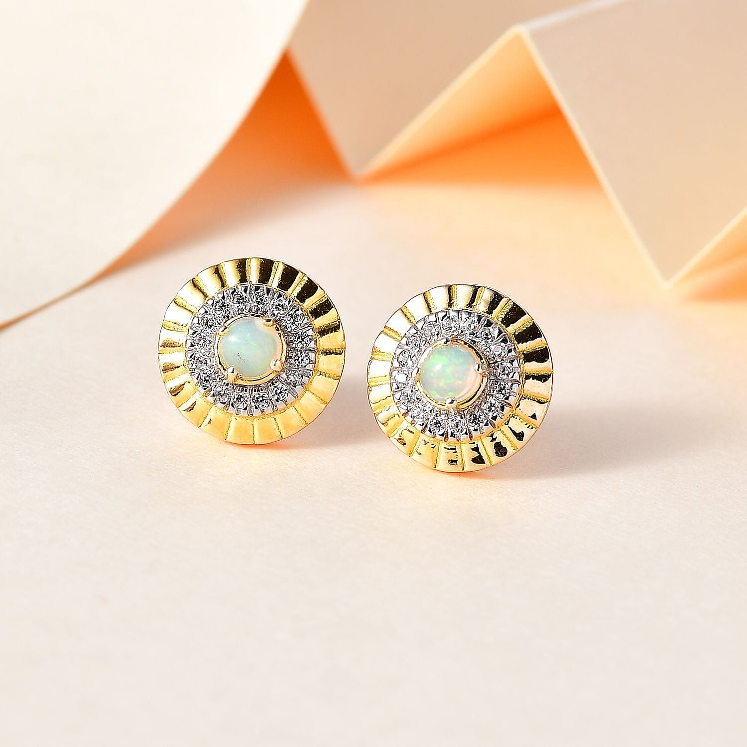 Ethiopian Welo Opal and White Zircon 1.15 ctw Earring in 18K Vermeil Yellow Gold Over Sterling Silver