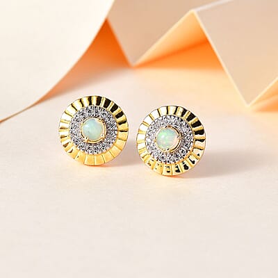Ethiopian Welo Opal and White Zircon 1.15 ctw Earring in 18K Vermeil Yellow Gold Over Sterling Silver