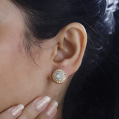 Ethiopian Welo Opal and White Zircon 1.15 ctw Earring in 18K Vermeil Yellow Gold Over Sterling Silver