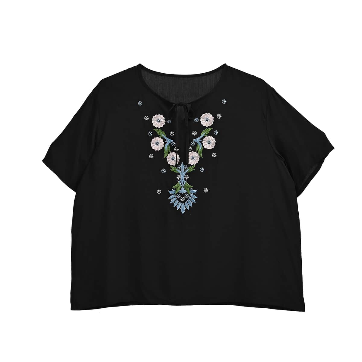 Tamsy Black Dandelion Embroidered Blouse with Neck-Tie- One Size Fits Most image number 0