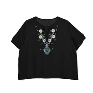 Tamsy Black Dandelion Embroidered Blouse with Neck-Tie- One Size Fits Most