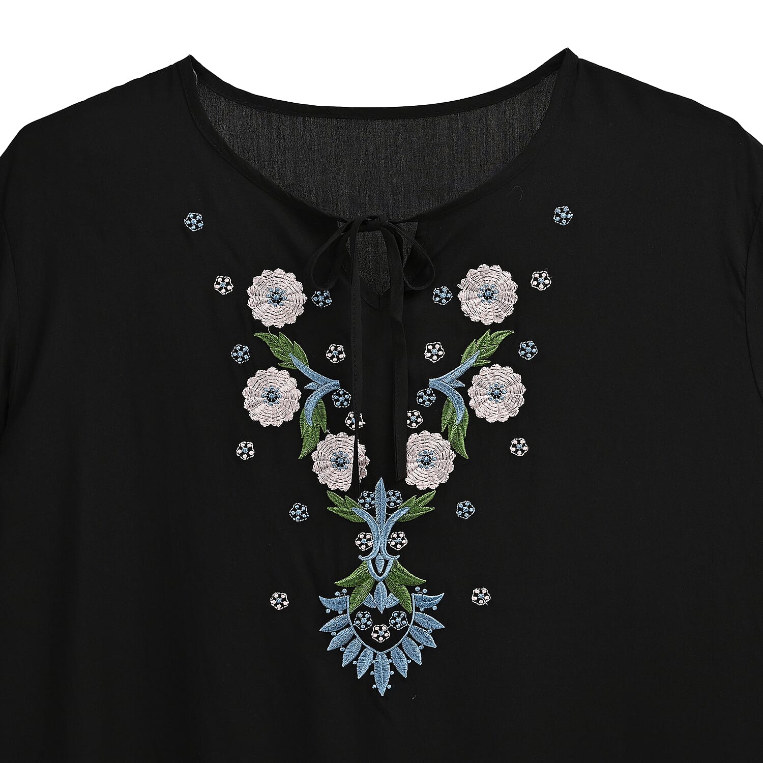 Tamsy Black Dandelion Embroidered Blouse with Neck-Tie- One Size Fits Most