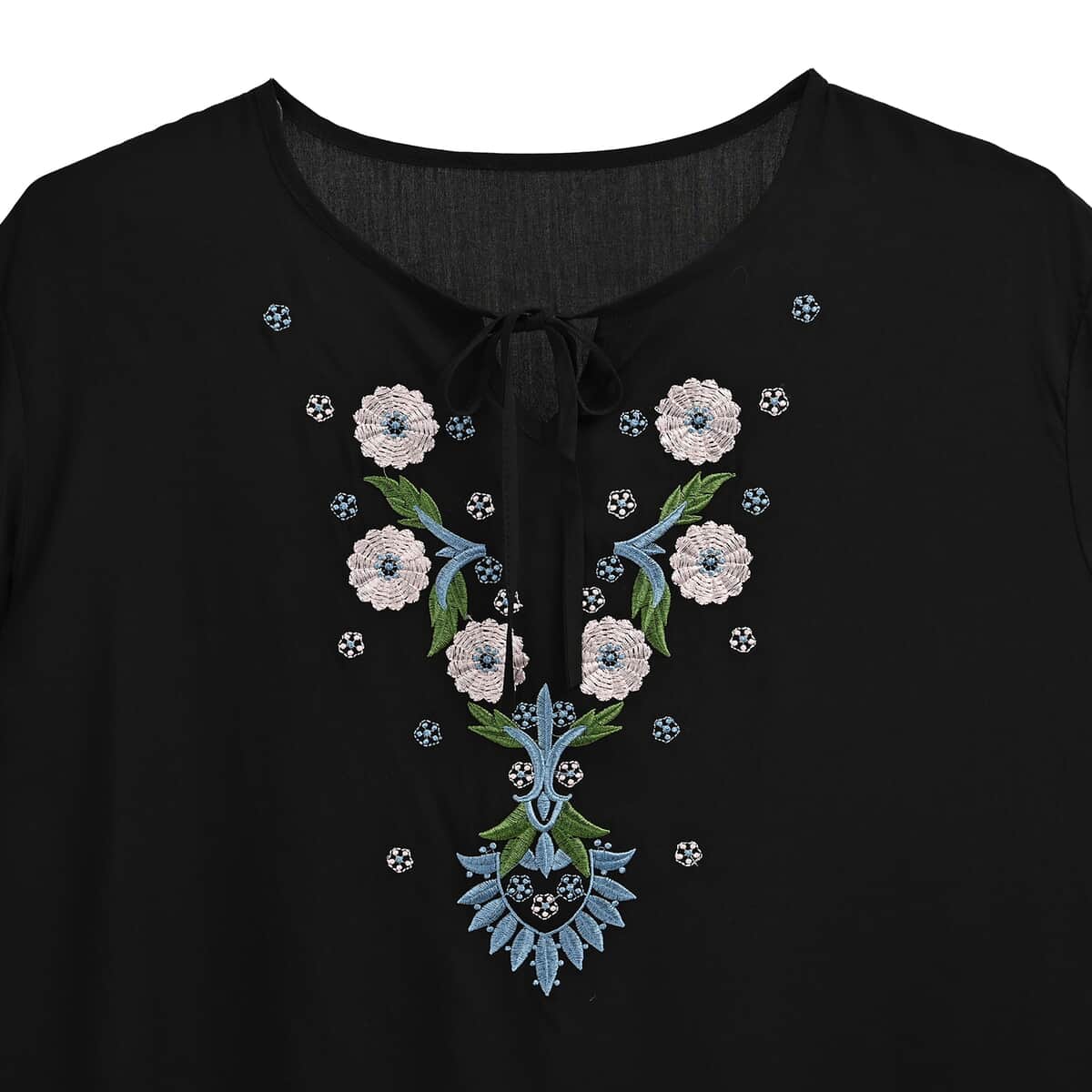 Tamsy Black Dandelion Embroidered Blouse with Neck-Tie- One Size Fits Most image number 2