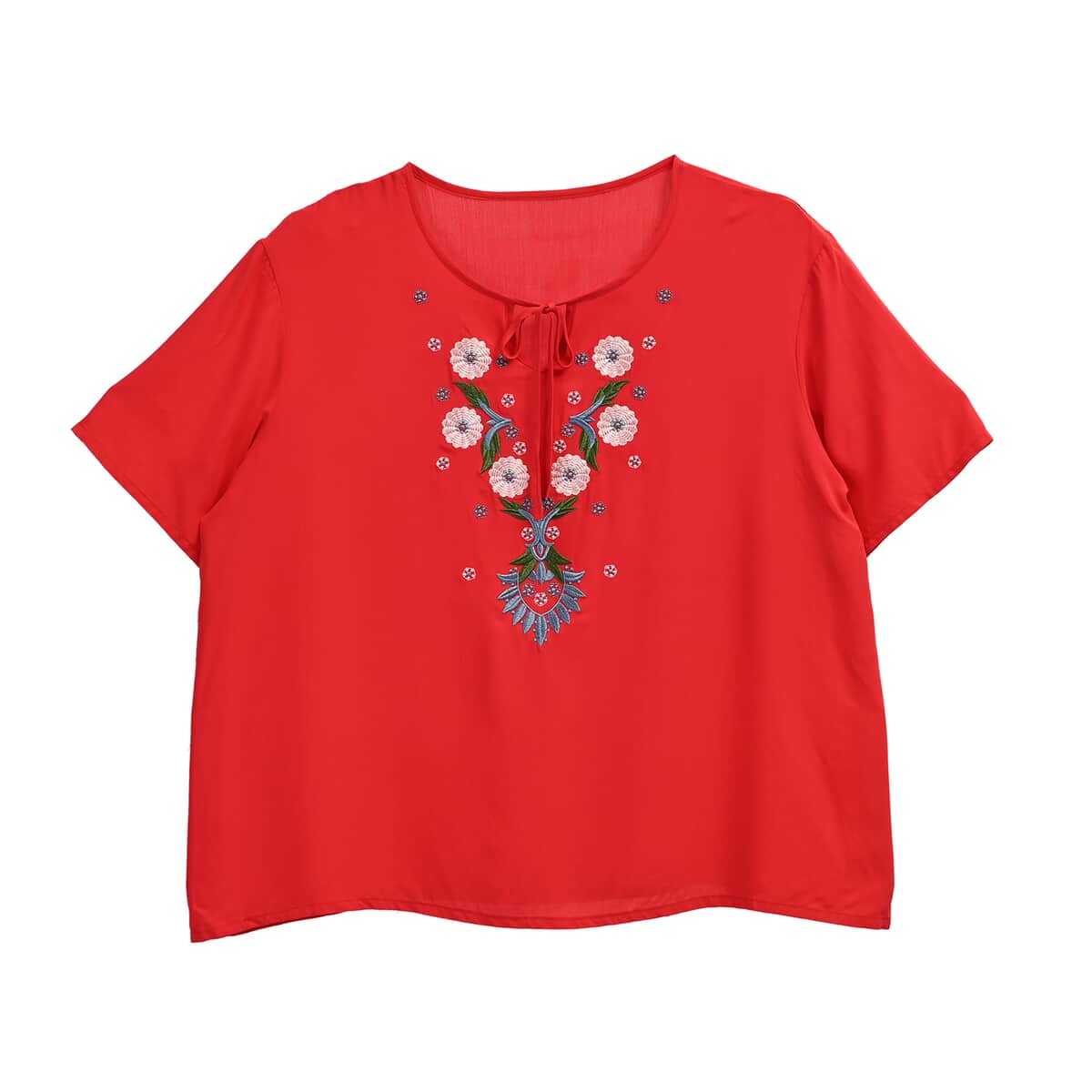 Tamsy Red Dandelion Embroidered Blouse with Neck-Tie- One Size Fits Most image number 0