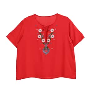 Tamsy Red Dandelion Embroidered Blouse with Neck-Tie- One Size Fits Most