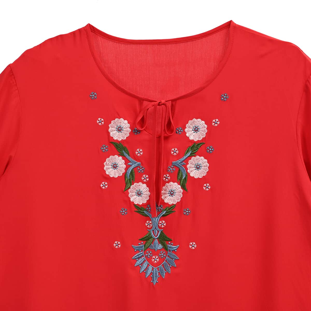 Tamsy Red Dandelion Embroidered Blouse with Neck-Tie- One Size Fits Most image number 2