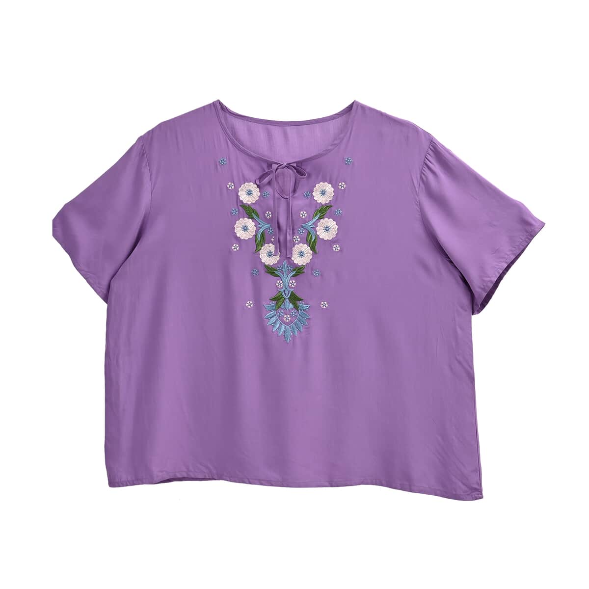 Tamsy Purple Dandelion Embroidered Blouse with Neck-Tie- One Size Fits Most image number 0