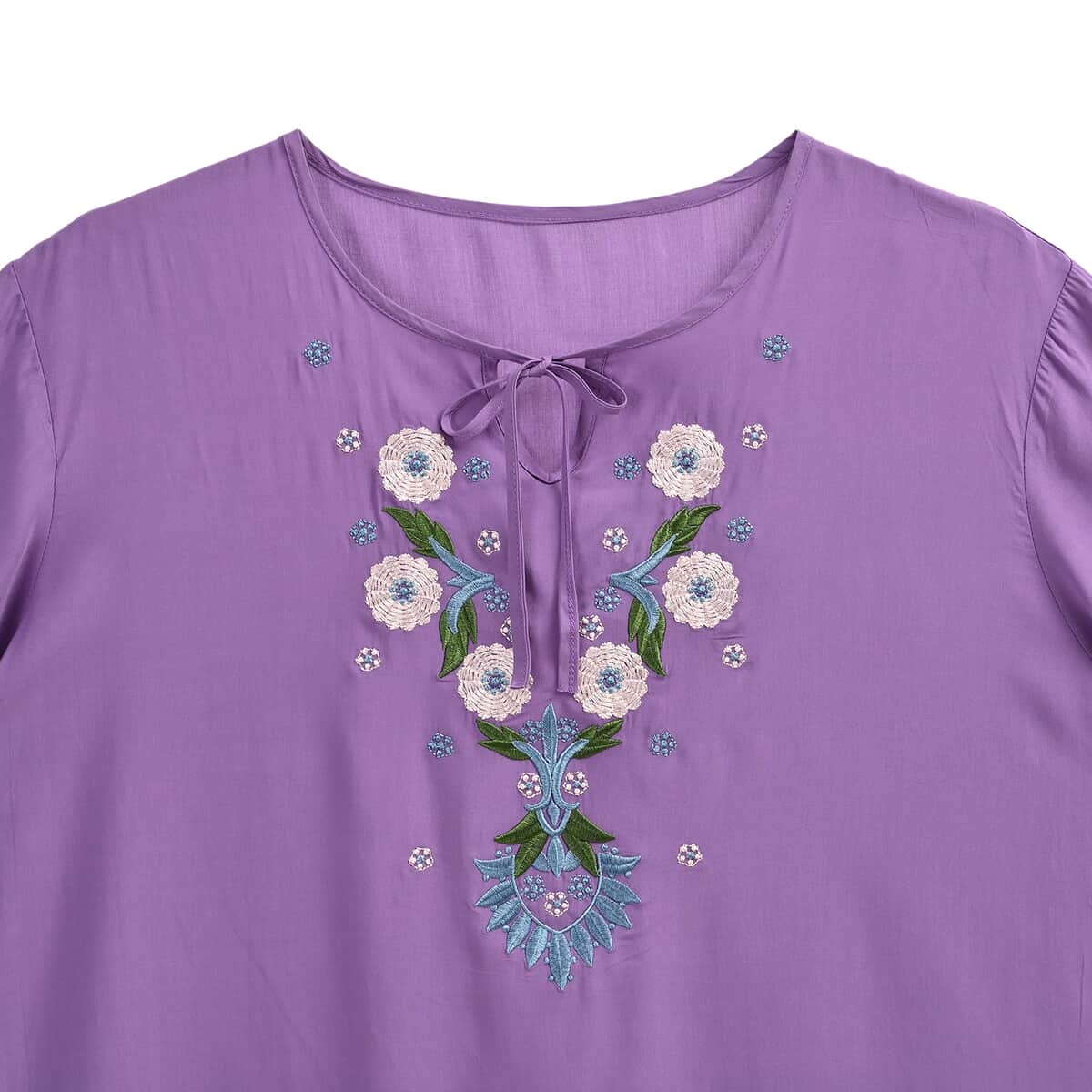 Tamsy Purple Dandelion Embroidered Blouse with Neck-Tie- One Size Fits Most image number 2