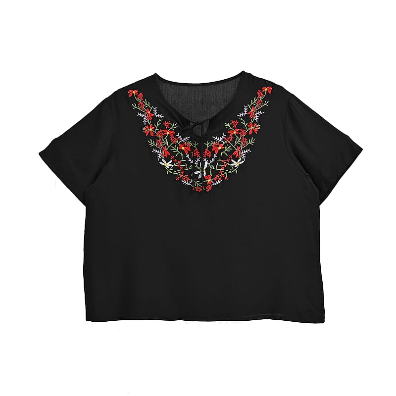Tamsy Black Floral Embroidered Blouse with Neck-Tie- One Size Fits Most