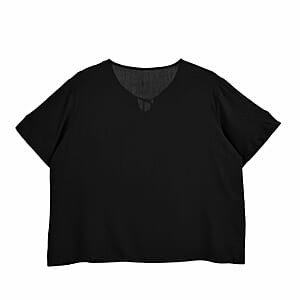 Tamsy Black Floral Embroidered Blouse with Neck-Tie- One Size Fits Most