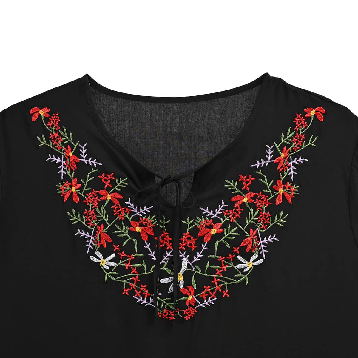 Tamsy Black Floral Embroidered Blouse with Neck-Tie- One Size Fits Most image number 2