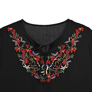 Tamsy Black Floral Embroidered Blouse with Neck-Tie- One Size Fits Most