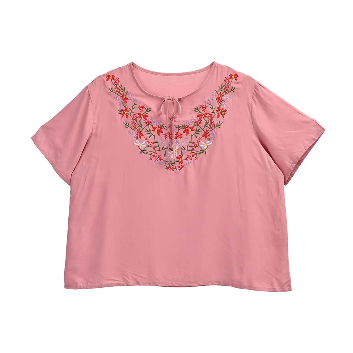 Tamsy Pink Floral Embroidered Blouse with Neck-Tie- One Size Fits Most image number 0