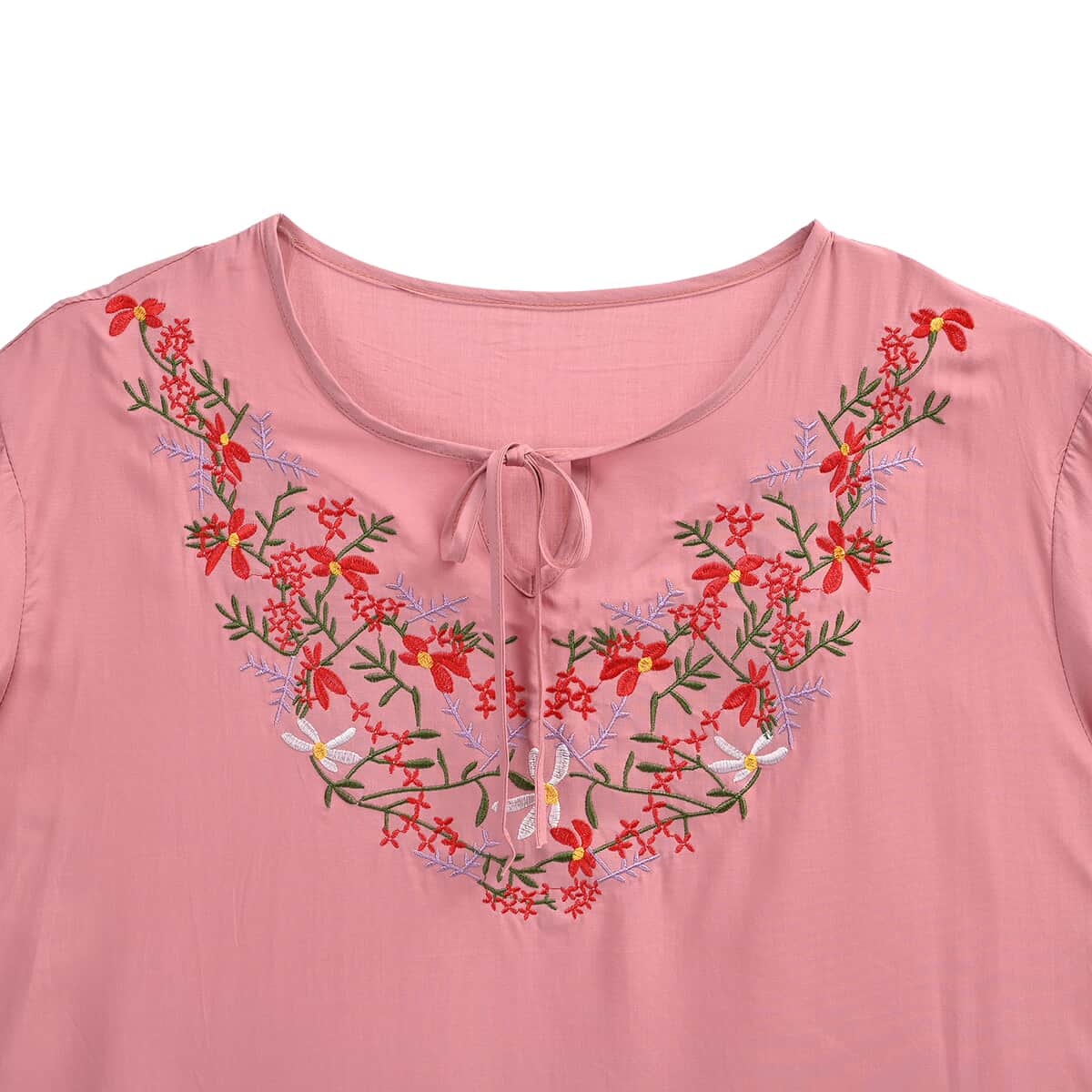 Tamsy Pink Floral Embroidered Blouse with Neck-Tie- One Size Fits Most image number 2