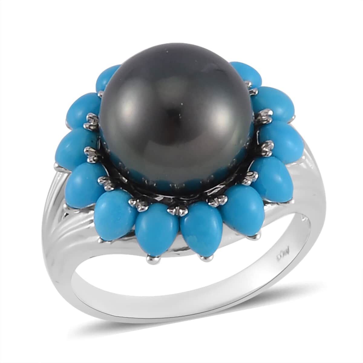 One Time Only Tahitian Cultured Pearl 11-12mm, Sleeping Beauty Turquoise Floral Ring in Rhodium Over Sterling Silver (Size 10.0) image number 0