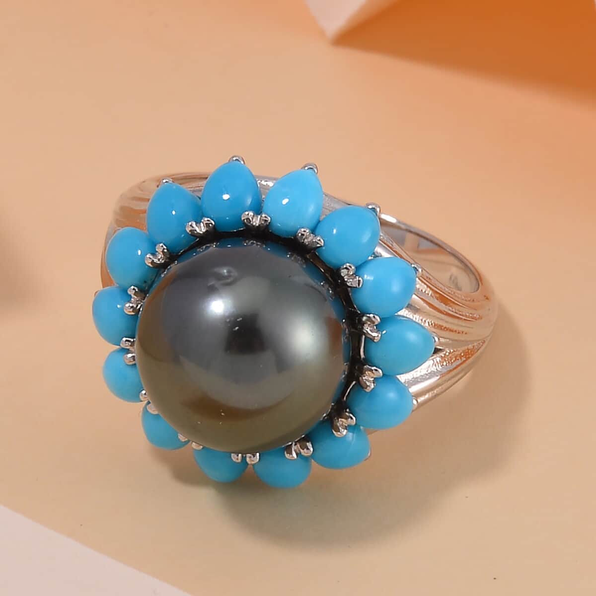 One Time Only Tahitian Cultured Pearl 11-12mm, Sleeping Beauty Turquoise Floral Ring in Rhodium Over Sterling Silver (Size 10.0) image number 1