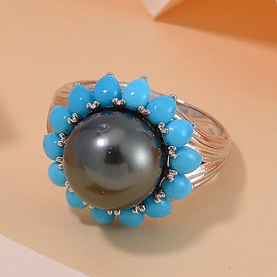 Tahitian Cultured Pear and Sleeping Beauty Turquoise Daisy Floral Ring in Rhodium Over Sterling Silver (Size 10.0) 2.75 ctw