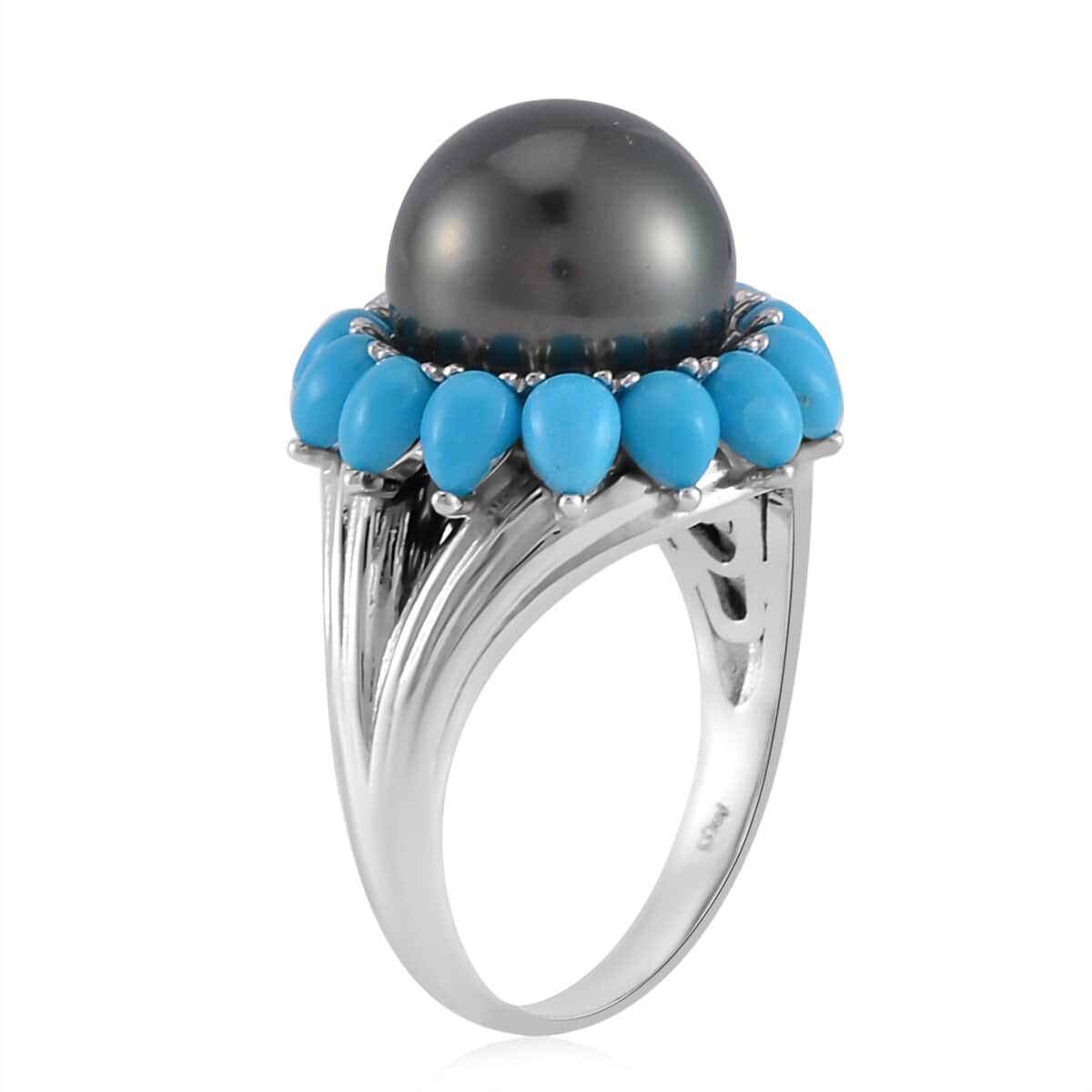 One Time Only Tahitian Cultured Pearl 11-12mm, Sleeping Beauty Turquoise Floral Ring in Rhodium Over Sterling Silver (Size 10.0) image number 3