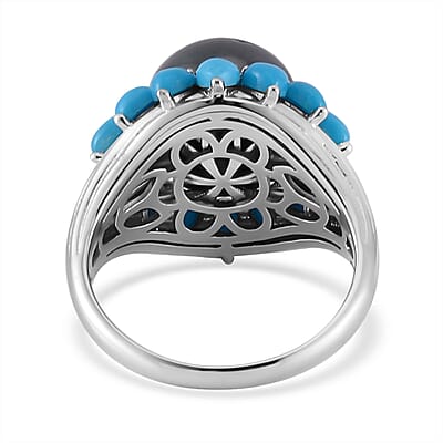 Tahitian Cultured Pear and Sleeping Beauty Turquoise Daisy Floral Ring in Rhodium Over Sterling Silver (Size 10.0) 2.75 ctw