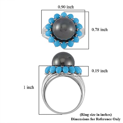 Tahitian Cultured Pear and Sleeping Beauty Turquoise Daisy Floral Ring in Rhodium Over Sterling Silver (Size 10.0) 2.75 ctw