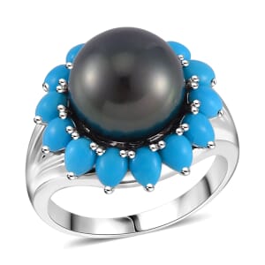 Tahitian Cultured Pear and Sleeping Beauty Turquoise Daisy Floral Ring in Rhodium Over Sterling Silver (Size 8.0) 2.75 ctw