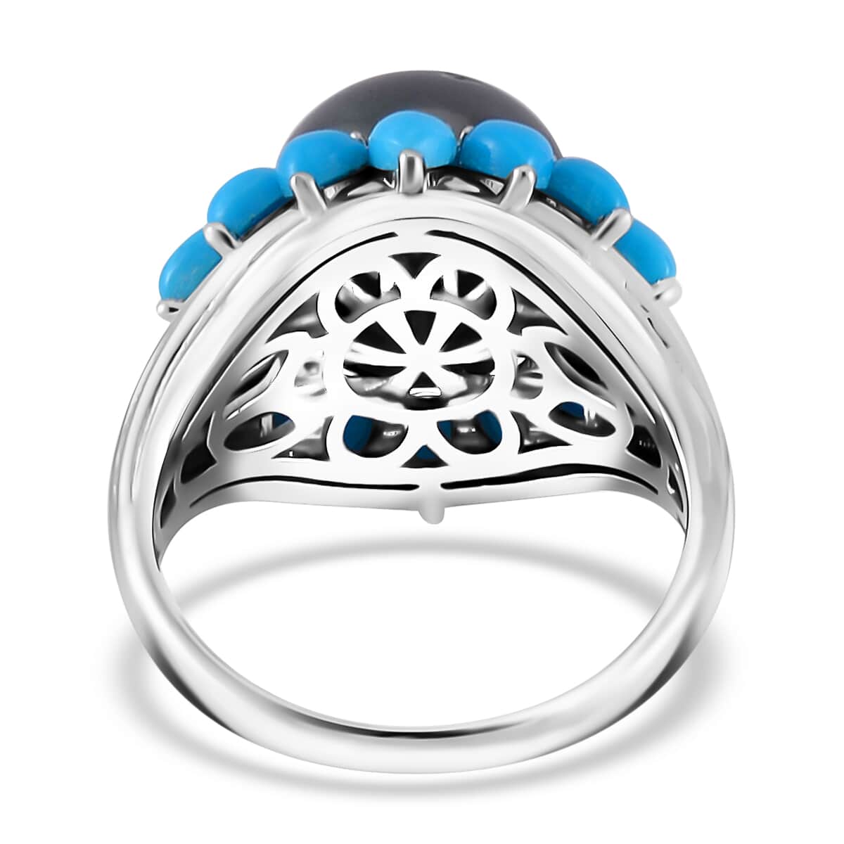 Tahitian Cultured Pear and Sleeping Beauty Turquoise Daisy Floral Ring in Rhodium Over Sterling Silver (Size 8.0) 2.75 ctw image number 4