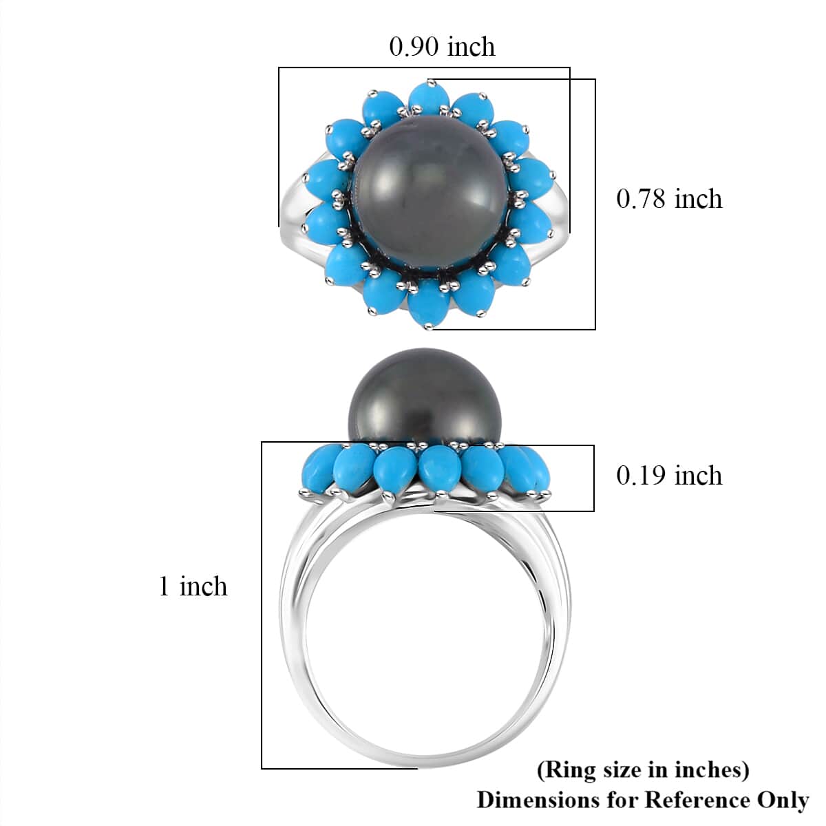 Tahitian Cultured Pear and Sleeping Beauty Turquoise Daisy Floral Ring in Rhodium Over Sterling Silver (Size 8.0) 2.75 ctw image number 5