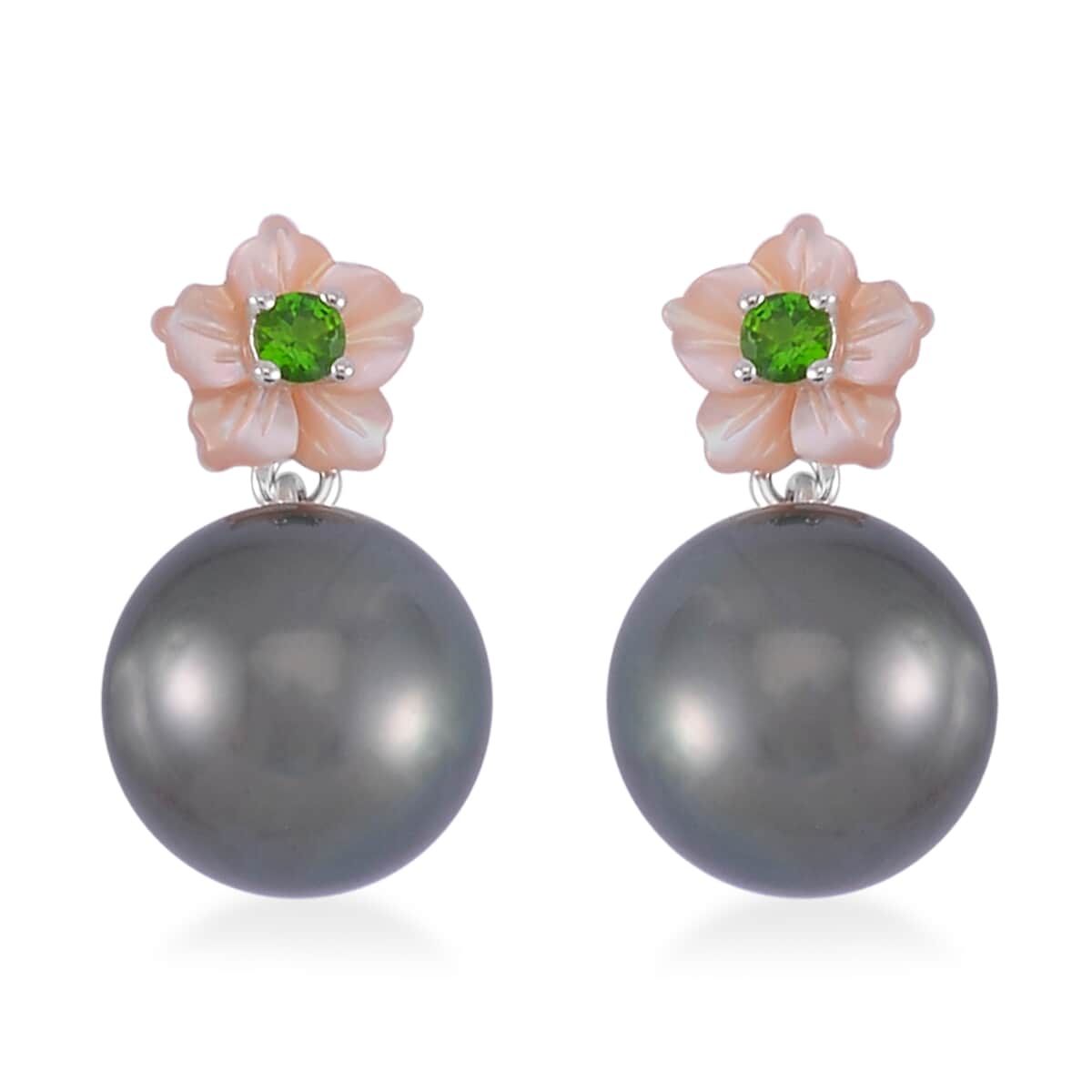 Tahitian Cultured Pearl, Chrome Diopside and Purple Mother of Pearl Carved Cosmos Floral Earrings in Rhodium Over Sterling Silver 0.10 ctw image number 0