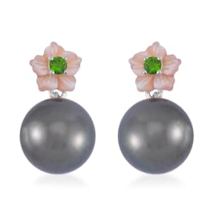 Tahitian Cultured Pearl, Chrome Diopside and Purple Mother of Pearl Carved Cosmos Floral Earrings in Rhodium Over Sterling Silver 0.10 ctw