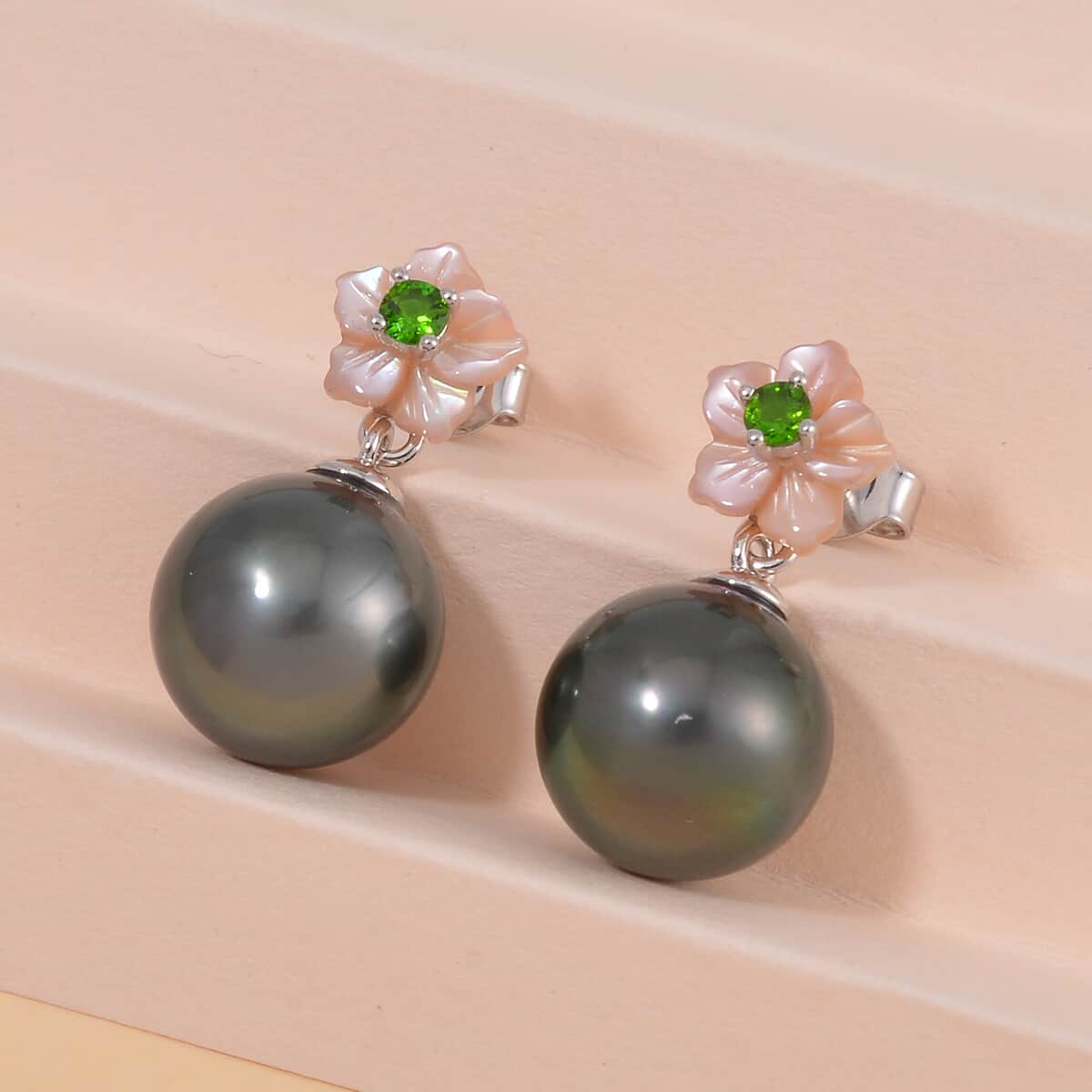 Tahitian Cultured Pearl, Chrome Diopside and Purple Mother of Pearl Carved Cosmos Floral Earrings in Rhodium Over Sterling Silver 0.10 ctw image number 1