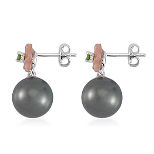 Tahitian Cultured Pearl, Chrome Diopside and Purple Mother of Pearl Carved Cosmos Floral Earrings in Rhodium Over Sterling Silver 0.10 ctw