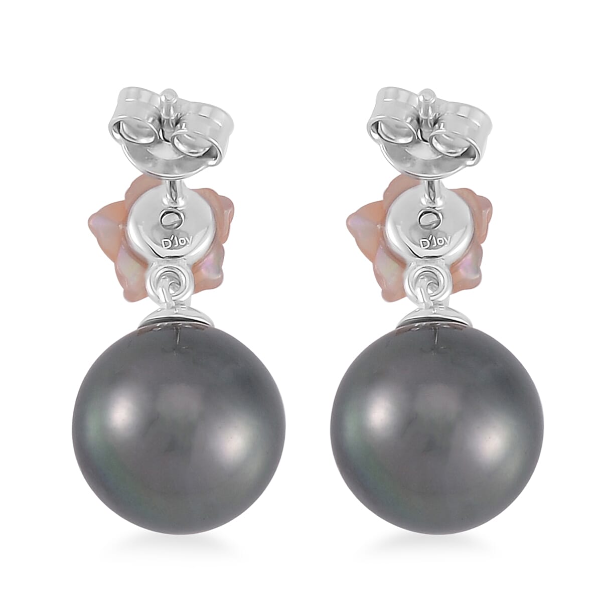 Tahitian Cultured Pearl, Chrome Diopside and Purple Mother of Pearl Carved Cosmos Floral Earrings in Rhodium Over Sterling Silver 0.10 ctw