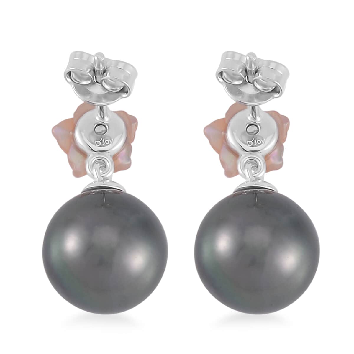 Tahitian Cultured Pearl, Chrome Diopside and Purple Mother of Pearl Carved Cosmos Floral Earrings in Rhodium Over Sterling Silver 0.10 ctw image number 4