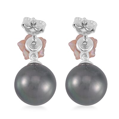Tahitian Cultured Pearl, Chrome Diopside and Purple Mother of Pearl Carved Cosmos Floral Earrings in Rhodium Over Sterling Silver 0.10 ctw