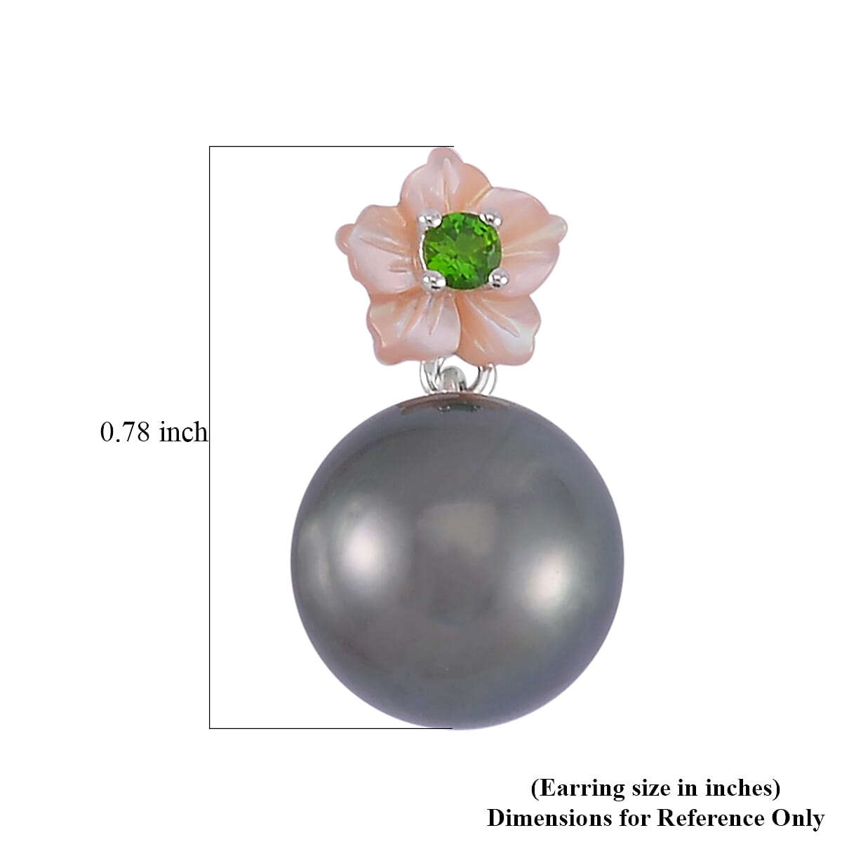 Tahitian Cultured Pearl, Chrome Diopside and Purple Mother of Pearl Carved Cosmos Floral Earrings in Rhodium Over Sterling Silver 0.10 ctw