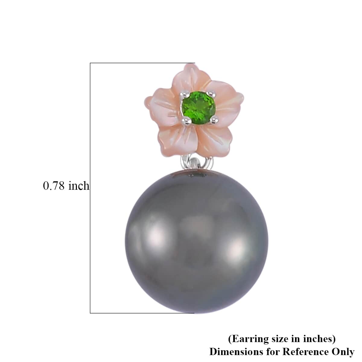 Tahitian Cultured Pearl, Chrome Diopside and Purple Mother of Pearl Carved Cosmos Floral Earrings in Rhodium Over Sterling Silver 0.10 ctw image number 5