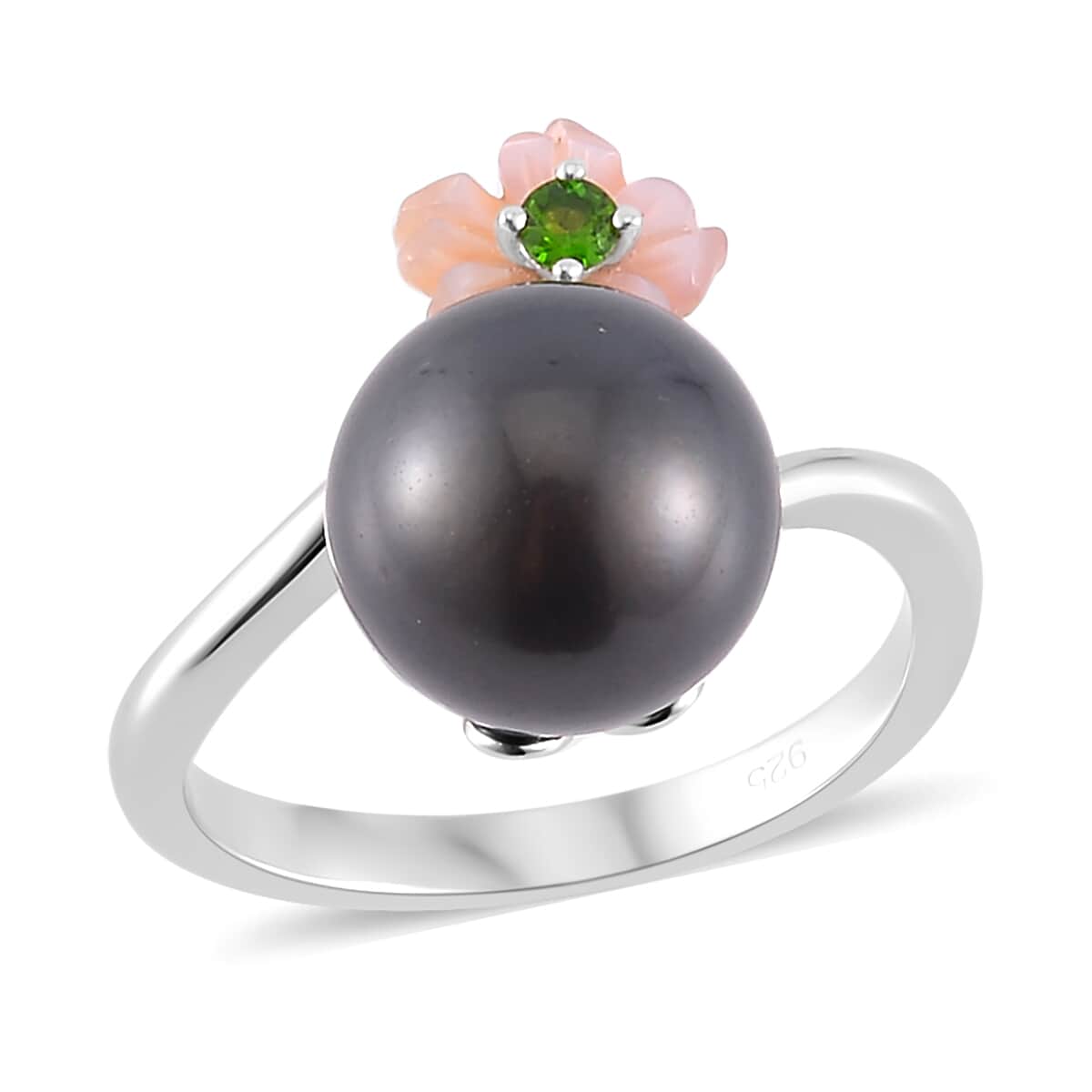 One Time Only Tahitian Cultured Pearl 11-12mm, Chrome Diopside, Purple Mother of Pearl Carved Floral Bypass Ring in Rhodium Over Sterling Silver (Size 10.0) image number 0