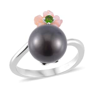 Tahitian Cultured Pearl, Chrome Diopside and Purple Mother of Pearl Carved Cosmos Floral Ring in Rhodium Over Sterling Silver (Size 10.0)