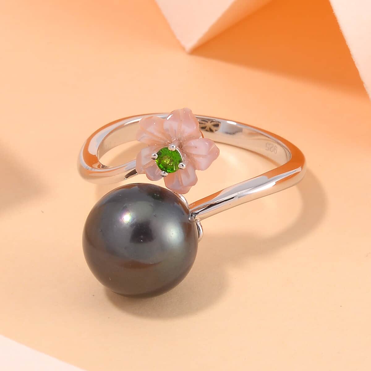 One Time Only Tahitian Cultured Pearl 11-12mm, Chrome Diopside, Purple Mother of Pearl Carved Floral Bypass Ring in Rhodium Over Sterling Silver (Size 10.0) image number 1