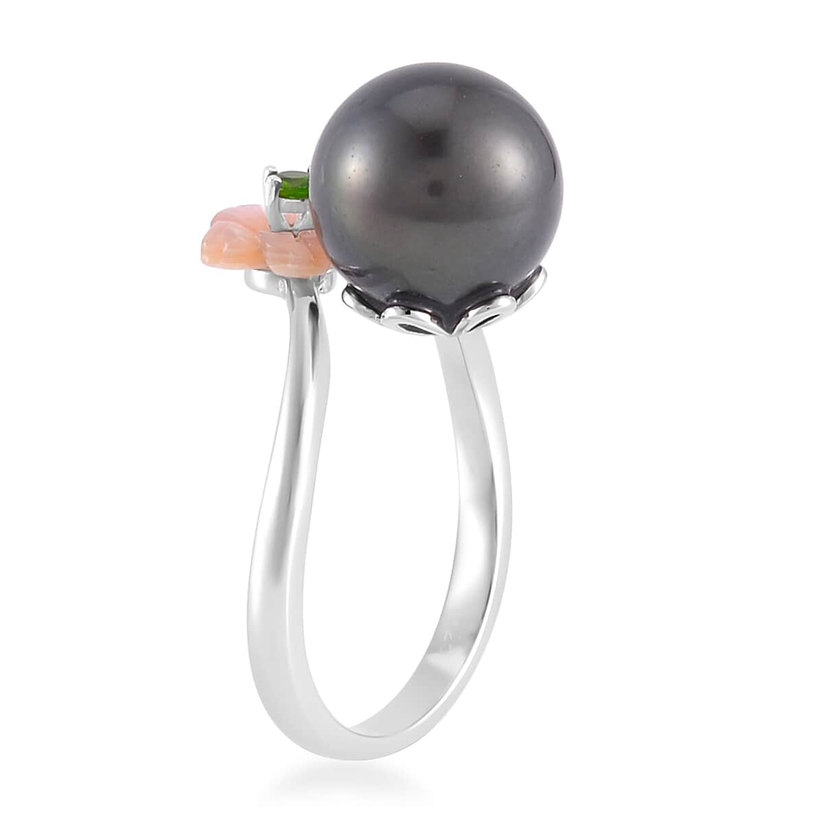 One Time Only Tahitian Cultured Pearl 11-12mm, Chrome Diopside, Purple Mother of Pearl Carved Floral Bypass Ring in Rhodium Over Sterling Silver (Size 10.0) image number 3